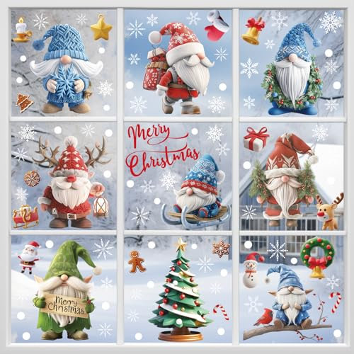 Hianjoo Weihnachten Gnom Fensterbilder Selbstklebend, 9 Blätter Fensterdeko Weihnachten Wiederverwendbar, Fenstersticker Weihnachten mit Gnom für Weihnachtsdeko