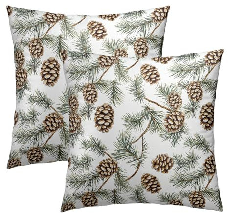 Tannenzapfen, grüne Weihnachts-Kissenbezüge, 40,6 x 40,6 cm, Set mit 2 weißen Zweigen, Tannenzapfen, Winter-Kissenbezüge, weicher Urlaubskissenbezug für Bett, Couch, Sofa, Wohnzimmer