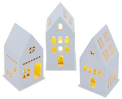 Spetebo LED Holz Haus weiß Batterie betrieben 13 cm - 3er Set - Deko Weihnachtsdorf mit Beleuchtung in warm weiß - Weihnachts Tisch Deko Aufsteller Winter Haus