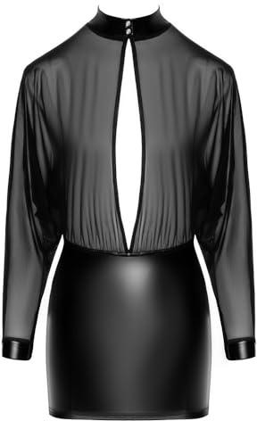 Noir Stylisches Langarm-Minikleid im Material-Mix aus transparentem Tüll und Powerwetlook mit tiefem Ausschnitt und Stehkragen 5XL