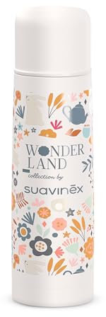Suavinex, Thermoskanne Baby Unterwegs, Thermosflasche 500 ml Isolierflasche, Edelstahl, Hermetischer Schraubverschluss, Wonderland, Weiß, 500 ml