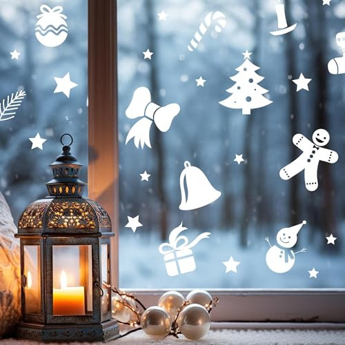 Fensterbild Weihnachtsset Lebkuchenmann Zuckerstange Glocke Schleife Stiefel Kerze Schneemann weiß Weihnachtsdekoration wiederverwendbar, 2. A3 Bogen