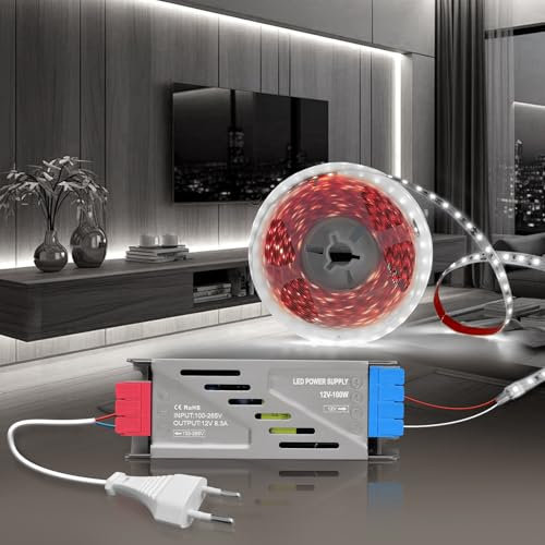 BRIMETI Tira LED 12V, 5M Autoadhesivo Tira luz LED Blanca Fria 6000K Tira Luces 120LED/M Flexible, Ancho 8mm, para Dormitorio Fiestas Gabinete, Con 12V Transformador LED 100W y Cable de Alimentación