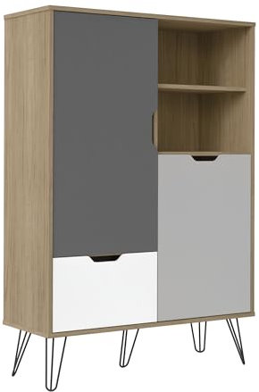 MOMMA HOME Buffet de salon 2 portes, tiroir, étagère avec porte-bouteilles et rangement des verres. Finition chêne, blanc et gris, pieds en métal, Stockholm 133 cm (hauteur) x 91 cm (largeur) x 35 cm
