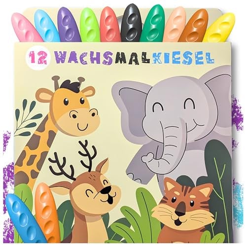Sabbatbox Kiesel Wachsmalstifte für Kinder, 12 Farben, bruchsicher, ungiftig, waschbar & kinderleicht zu halten, Malstifte für Kinder, 12er Set