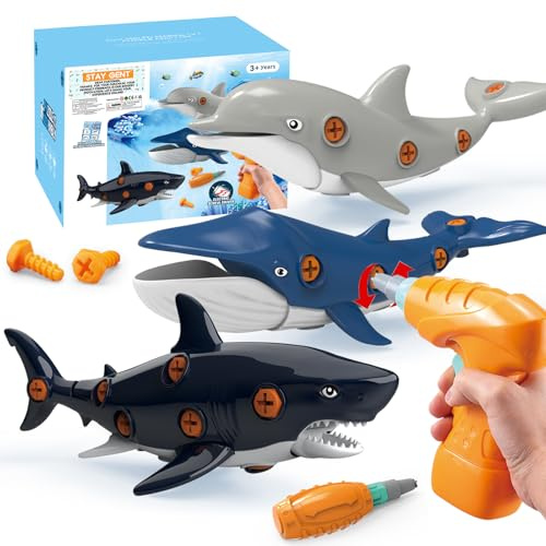STAY GENT Take Apart Ocean Toys for Kids, 3 Packs Shark Dolphin Whale Ocean Animals Toys with Electric Drill Screwdrivers, STEM Learning Building Gift for 3-7 Years Old Boys Girls