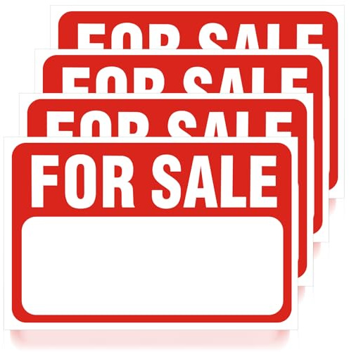 WJIAAA 4 Pack Car for Sale Sign, 12x 8 PVC Car for Sale Signs | Self-Adhesive Decals for Vehicles Windows, Boats, Garage Doors, Red with White Background