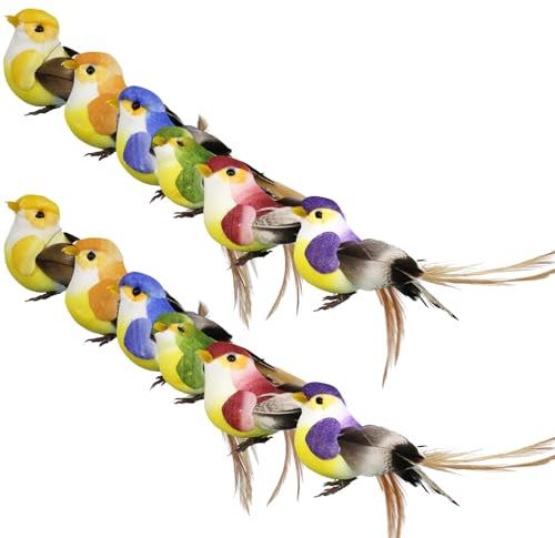 Künstliche Vögel zur Dekoration | 12 realistische Federvögel | Künstliche Vögel mit Kralle zum Basteln | Hochzeitsdekoration | Haus | Garten | Einrichtung | Partyzubehör