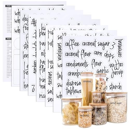 168PCS Food Pantry Labels, Kitchen Container Storage Labels, Kitchen Pantry Label for Food Containers, Preprinted Black Script Vinyl Stickers for Organization Canisters, Jars, Boxes and Bottles