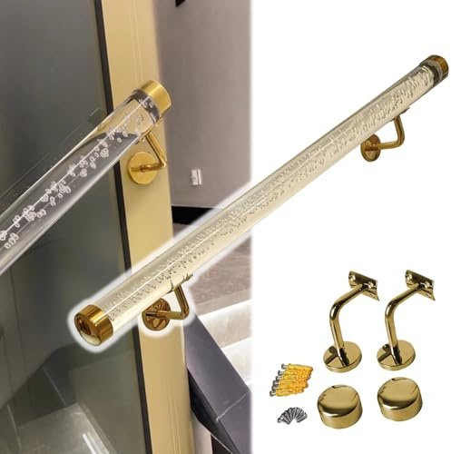 Corrimano in acrilico trasparente personalizzabile - Corrimano con asta tonda da 1,6 a 20 piedi con staffe metalliche for scale e rampe 1 pezzo(Gold Bracket,3.8m)