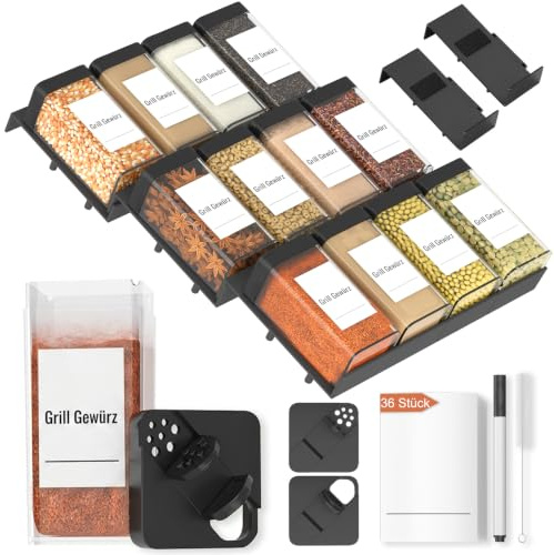 Famhap Gewürz Organizer mit Gewürzgläser Eckig 12er Set | Gewürzregal Schublade, Verstellbarer 5-60cm, Rutschfest, Küchen Organizer, Plastik Gewürzgläser & Etiketten