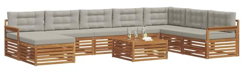 vidaXL Sofagarnituren 9 pcs Natürlich und Hellgrau Massivholz Akazie, Akazienholz Outdoor-Sofa-Set, modernes Gartenmöbel, Bequeme Liege, modulare Design, Poolbereich geeignet