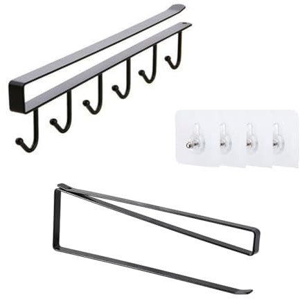 SquishyWorld Under Shelf Mug Rack with 5 Hooks, Black Metal Cup Hanger, No Drilling, Adhesive Wall Mounted Kitchen Organiser