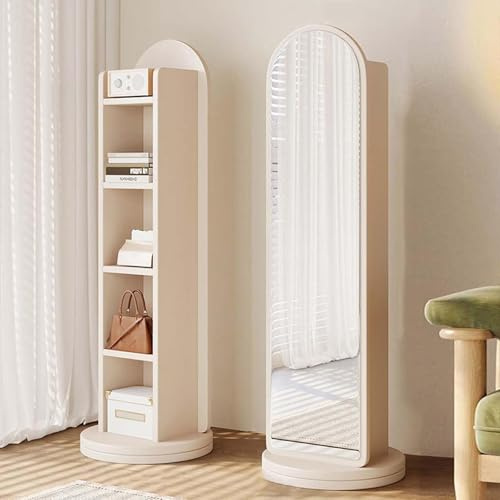Großer Standspiegel mit Bücherregal, drehbarer Ganzkörperspiegel, Langer Spiegel für Eingangsbereich, Schlafzimmer, Wohnzimmer, Ankleidezimmer, 170x43 cm (Weiß)