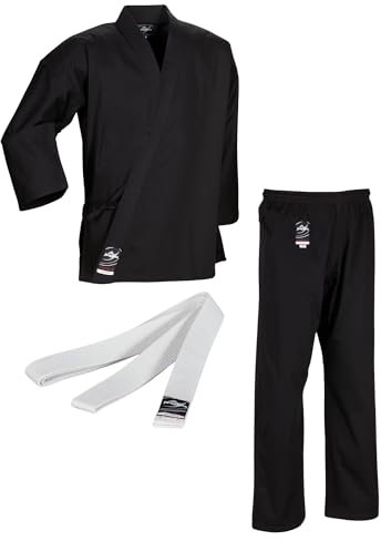 Ju-Sports Karate Anzug to start Schwarz 160 I Klassischer Karateanzug für Kinder & Erwachsene I Karate Kimono inkl. weißem Gürtel I Hose mit Kickzwickel I 100% Baumwolle