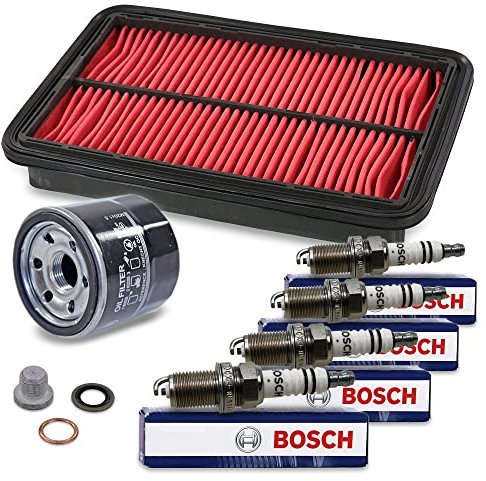 BESTPRICE Inspektionspaket Filterset mit 1x Luftfilter, 4x Zündkerze Super plus FR7DCX+, 1x Ölablassschraube mit Dichtung, Kompatibel mit MAZDA MX-5 II (NB)