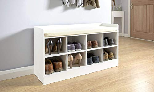GFW Kempton 2 Tier Shoe Bench, White Hallway Storage Bench with 8 Compartments and Padded Seat Cushion, Entryway Shoe Organiser