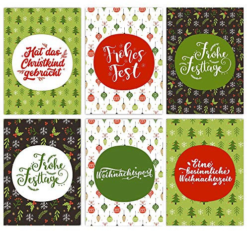 Papierdrachen Weihnachtskarten Set - 12 liebevoll gestaltete Postkarten zu Weihnachten - Kunstdruck zum Verschicken, Pakete dekorieren und Sammeln - Karten Set 3 - Rot-grün
