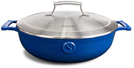 SAVEUR SELECTS Cacerola de hierro fundido esmaltado de 30 cm con tapa de doble pared de acero inoxidable, antiadherente, calidad reliquia, apta para horno, 4,2 L, sin PFOA y PFA, color azul clásico