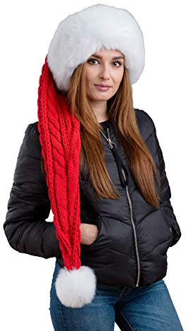 Birendy Beanie Xmas Mütze Weihnachtsmütze mit Kunstfellrand Zipfelmütze, Pudelmütze, Wintermütze mit großer Fellbommel aus Kunstfell, Fleece abgefüttert