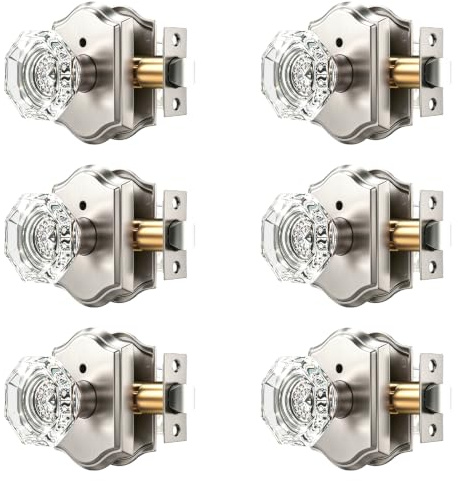 Orger Octagonal Crystal Door Knobs 6 Pack, Interior Privacy Door Handle for Bed/Bathroom with Pin Lock Inside, Satin Nickel Vintage Rosette Door Knob with Heavy Duty Genuine Glass