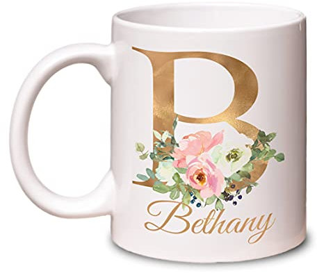 Personalised Mug Floral Gold Initial Name 11oz. Mum Sister Friend Mother's Day, Birthday Gift Idea Microwave Dishwasher Safe. Premium Coated