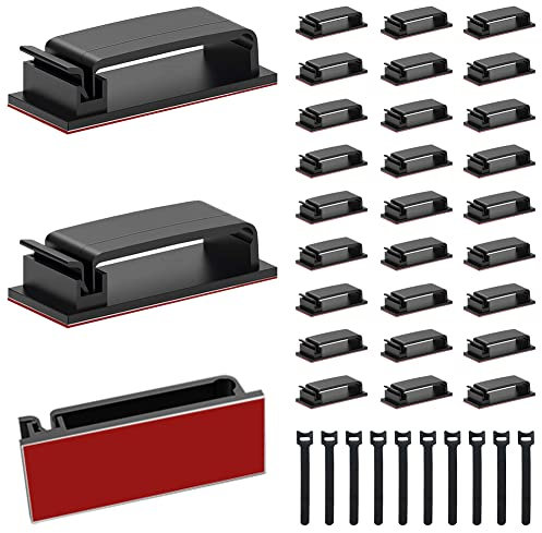 Oksdown 40 Pack Black Cable Management Organizer Kit with 30 Pcs Self Adhesive Cable Wall Clips Holder Sticky Cord Clip Clamps and 10 Pcs Reusable Cable Straps for Car Office Desk Home Wire Tidy