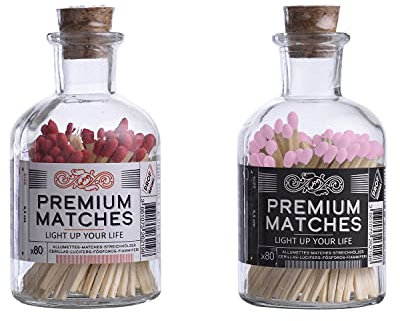 Streichhölzer in Apotheker-Glasflasche | Rustikales Glas im 2er Set mit 160 dekorativen Streichhölzer mit Reibefläche | hochwertiges Kerzenzubehör für Langkerzen, Stumpenkerzen, Zigarren (rosa/rot)