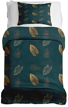 Gravity Bettwäsche 2 teilig Set für Gewichtsdecke Schlaufen Bezugssystem Baumwolle Deckenbezug 135x200cm und Kissenbezug 80x80cm für Erwachsene/Jugendliche Blätter Pflanzen Herbst gelb grün