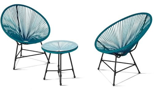 IDMarket - Salon de Jardin Izmir Table et 2 fauteuils Oeuf Cordage Bleu Canard