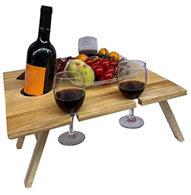Fenteer Holz Outdoor Picknicktisch, Tragbarer Weintisch, Kreatives Weinglasregal, Outdoor Essen Weintisch für Garten, Reisen, Strandtisch - 34x30x16cm