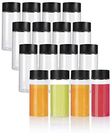 ZMCYN 8ounce/250ml Clear PET Plastic Juice Bottles With Black Lids - Reusable Sensory Empty Smoothie Bottles for Milk, Beverage (16 Pack)