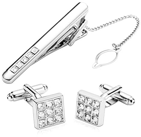 Whoiy Krawattenklammer Silber, Krawattennadel Gravur Edelstahl Geometrie Zirkonia für Männer Frauen Kostenlose Gravur mit Geschenkbox