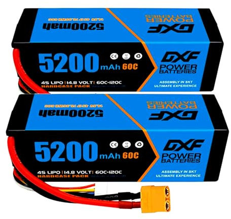 DXF 2 Packungen hochleistungs-lipo-4s-akku, 4s lipo 14.8V 5200mah, 60c XT90-stecker – lipo 4s ideal für 1/8 & 1/10 Autos, perfekt für losi, hpi, Tamiya & mehr – 4s lipo akku Kraft und Lange laufzeit