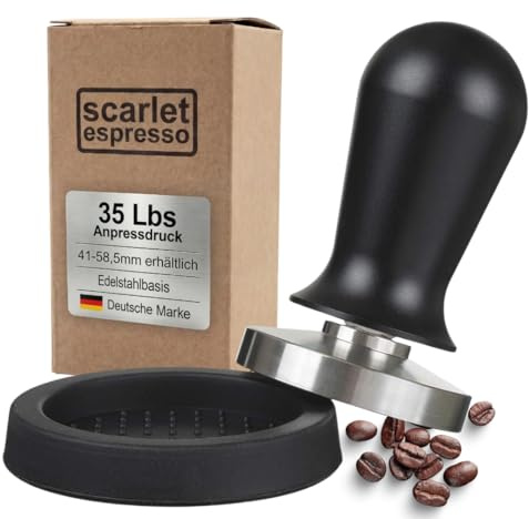 scarlet espresso | Kaffee Tamper »Perfetto« – Espresso Tamper auf 35 lbs Anpressdruck kalibriert, Edelstahlbasis & aluminium Griff – Kaffeestampfer für gleichmäßige Extraktion – 54,3 mm & Tamperablage