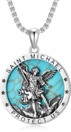 St. Michael Kette Erzengel Saint Michael Amulett Schutzpatron Halskette 925 Sterling Silber Anhänger Christlicher Religiöser Schmuck für Männer (Türkis)
