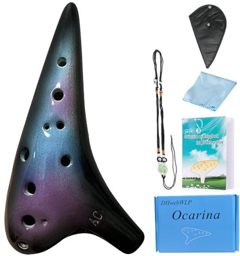 DHwebWLP Instrumento de ocarina de 12 agujeros con libro de canciones para principiantes, ocarina de cerámica Alto C (azul estrellado, morado y negro)
