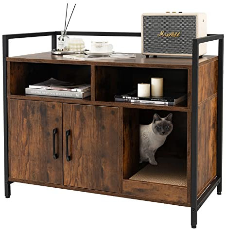 GOPLUS Katzenschrank, Katzentoilette mit Doppeltüren & stabilem Metallrahmen & Kratzbrett & 2 Fächern, Katzenhaus für Katzen Hunde, für den Innenbereich Eingang Wohnzimmer (Braun)