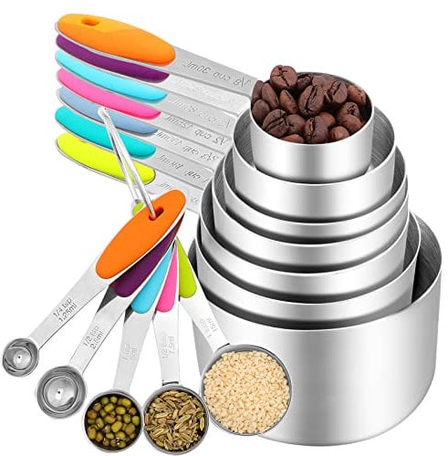 JEFFOUOO 12 Stück Messlöffel Messbecher Set,7 Cup Messbecher Edelstahl & 5 Messlöffel,Measuring Cups mit Rutschfestem Silikongriffen,Stapelbare Messlöffel für Messen Trockene und Flüssige Zutaten