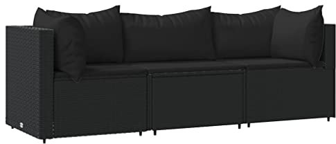 vidaXL Garten Lounge Set 3-TLG., Gartenmöbel Set mit Kissen, Sitzgruppe für Garten Terrasse, Modular Sofa Garnitur Loungemöbel, Schwarz Poly Rattan