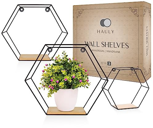 Hauly 3er Set Wandregal Schwarz Metall Hexagon – Industrial Wandregale Modern für Wohnzimmer Deko – Wandregal Sechseckig, Deko Wandregale Metall (kein Holz) inkl. Zubehör