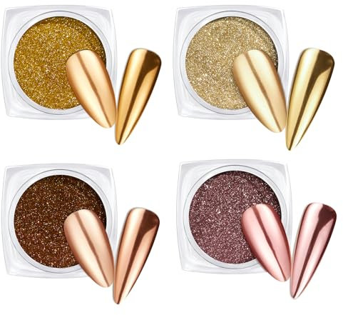 Beetles Chrome Nail Powder Mirror Effect Gold Chrome Powder 4 Colors Brown Nails Art Manicure Decoration Glitter, 0.5g/Jar.