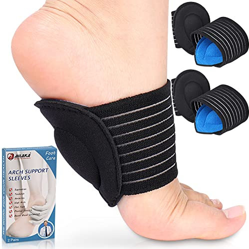 Ailaka 2 Pair Arch Support Braces, Compression Cushioned Plantar Fasciitis Sleeves for Pain Relief & Sore, Flat Feet, Heel Spurs (Black & Blue, 4 Count (Pack of 1))
