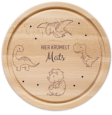wunderwunsch - Personalisiertes Holzbrett mit Gravur - Rundes Holzbrett mit Name - Brettchen rund Dinos