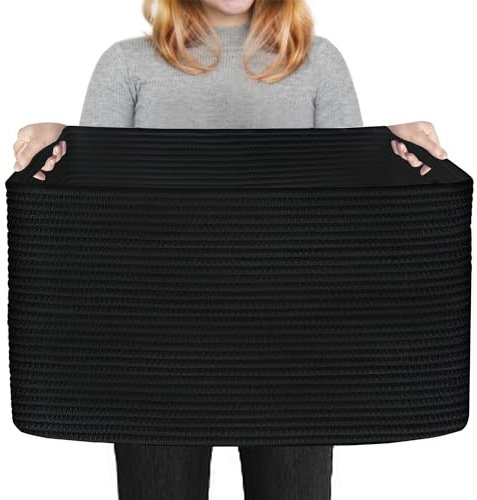 HONCESTA Extra großer schwarzer Korb, 55,9 x 43,2 x 30,5 cm, rechteckig, gewebte Körbe zur Aufbewahrung, weiches Baumwollseil, Kinderzimmer, Spielzeugkorb, Box, Behälter, großer Weidenkorb, Organizer