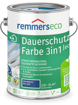 Remmers Dauerschutz-Farbe 3in1 [eco] enzianblau (RAL 5010), 2,5 Liter,für innen und außen, 3in1: Isoliergrund, Zwischen- und Schlussbeschichtung