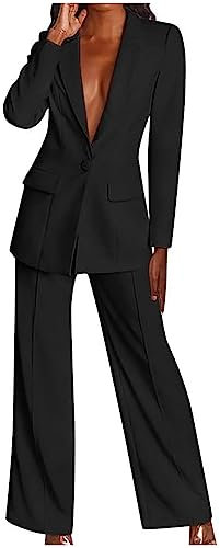 KUIH Women's Black Business Casual Modern Suit - Long Sleeve Blazer & Wide Leg Pants Set - Perfect for Parties, Business, Leisure, Weddings, Cocktail Parties & Work