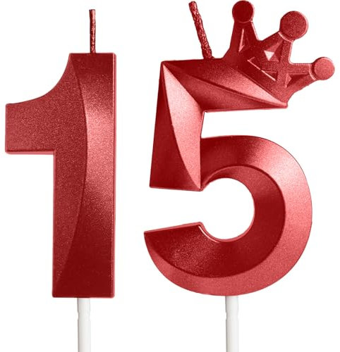 Red 15th Birthday Candles with Crown,Number 15 Candle,15th Birthday Candle for Cake Decorations,Happy Birthday Candle,Cake Candles Cake Topper Decor for Girls Boy Men Women Birthday Party Supply