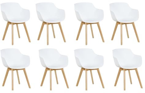 EGGREE Esszimmerstühle 8er-Set mit Beinen aus massivem Buchenholz, Retro-Design, Küchenstühle aus Holz, Wohnzimmerstuhl mit Armlehnen - Weiß