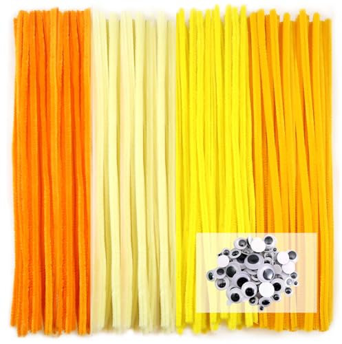 TOAOB 100 Pezzi Scovolini Ciniglia Steli per Lavoretti 4 Tipi di Gialli Pipe Cleaner Bastoncini Decorativi e 100 Occhi Mobili Adesivi per Fai da Te Artigianato Scrapbooking Bambole Pupazzi